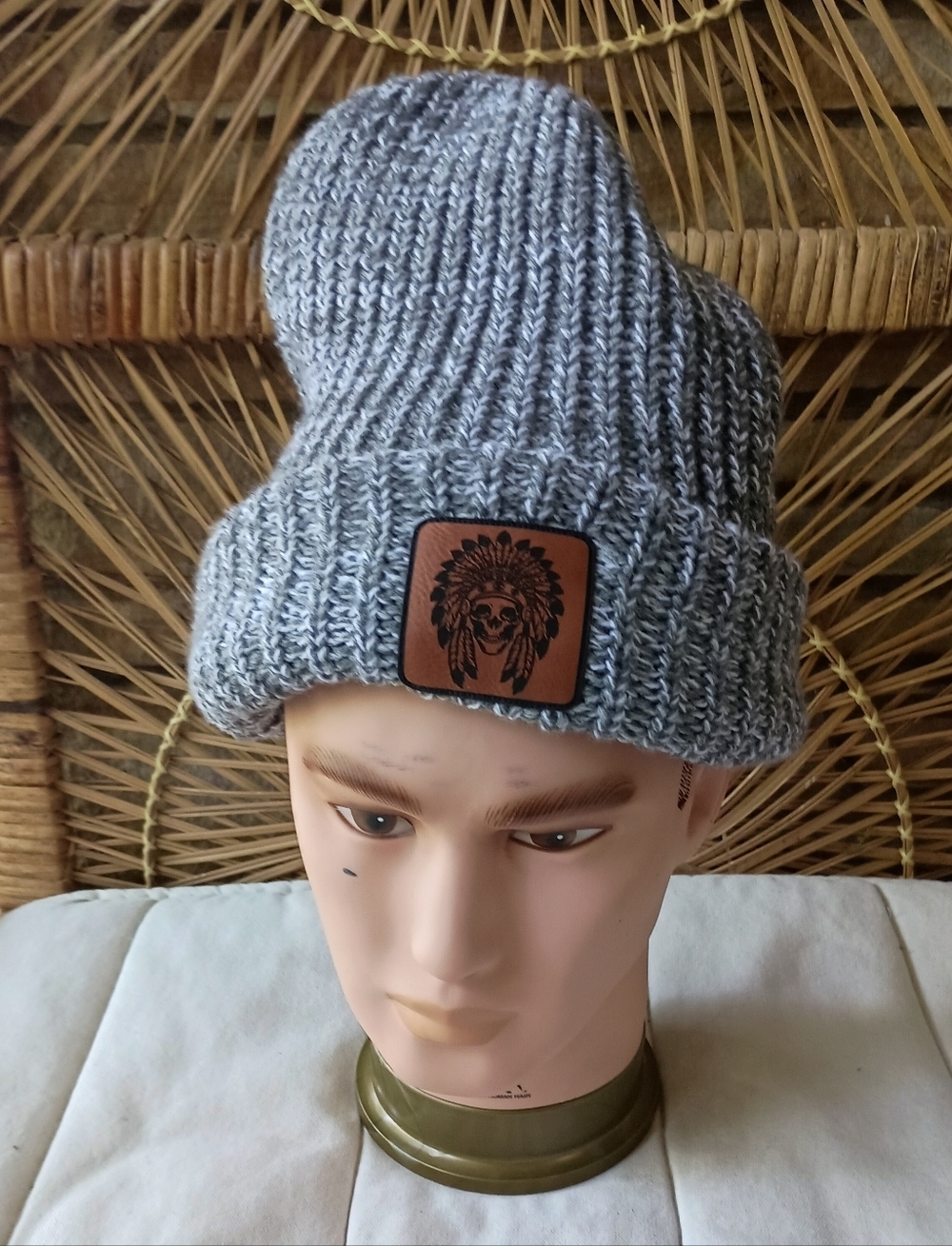 Classic Gray Chunky Knit Beanie Hat with Leather Patch